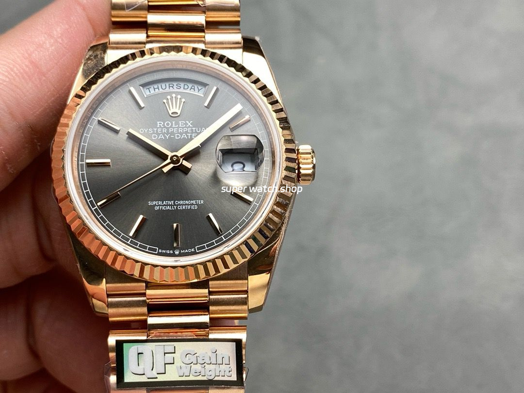 QF Factory Counterweight Rolex Day-Date 36 128235 36mm Full Rose Gold Grey Dial