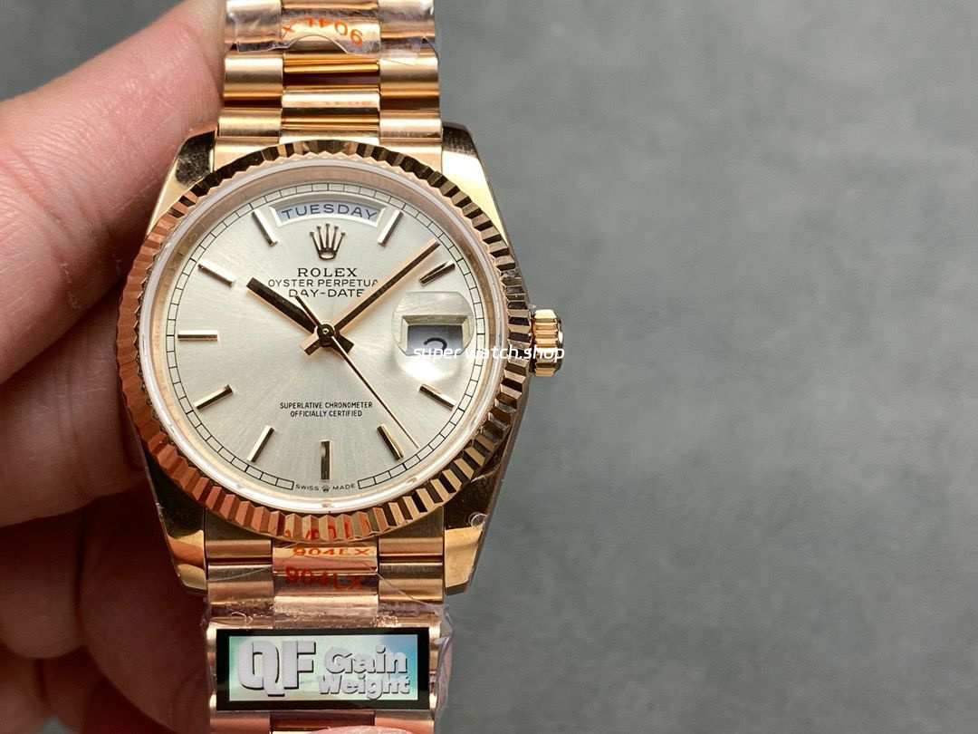 QF Factory Counterweight Rolex Day-Date 36 128235 36mm Full Rose Gold Silver Dial