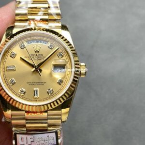 QF Factory Counterweight Rolex Day-Date 36 128238-0008 36mm Full Yellow Gold Diamond Mope Baguette Diamond Gold Dial