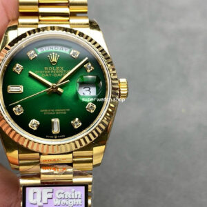QF Factory Counterweight Rolex Day-Date 36 128238-0069 36mm Full Yellow Gold Diamond Mope Baguette Diamond Green Dial