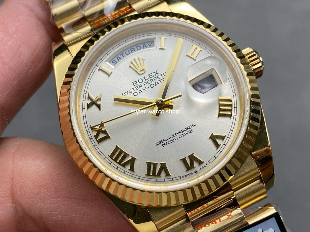 QF Factory Counterweight Rolex Day-Date 36 128238-0076 36mm Full Yellow Gold Roman Numerals Silver Dial - Image 2