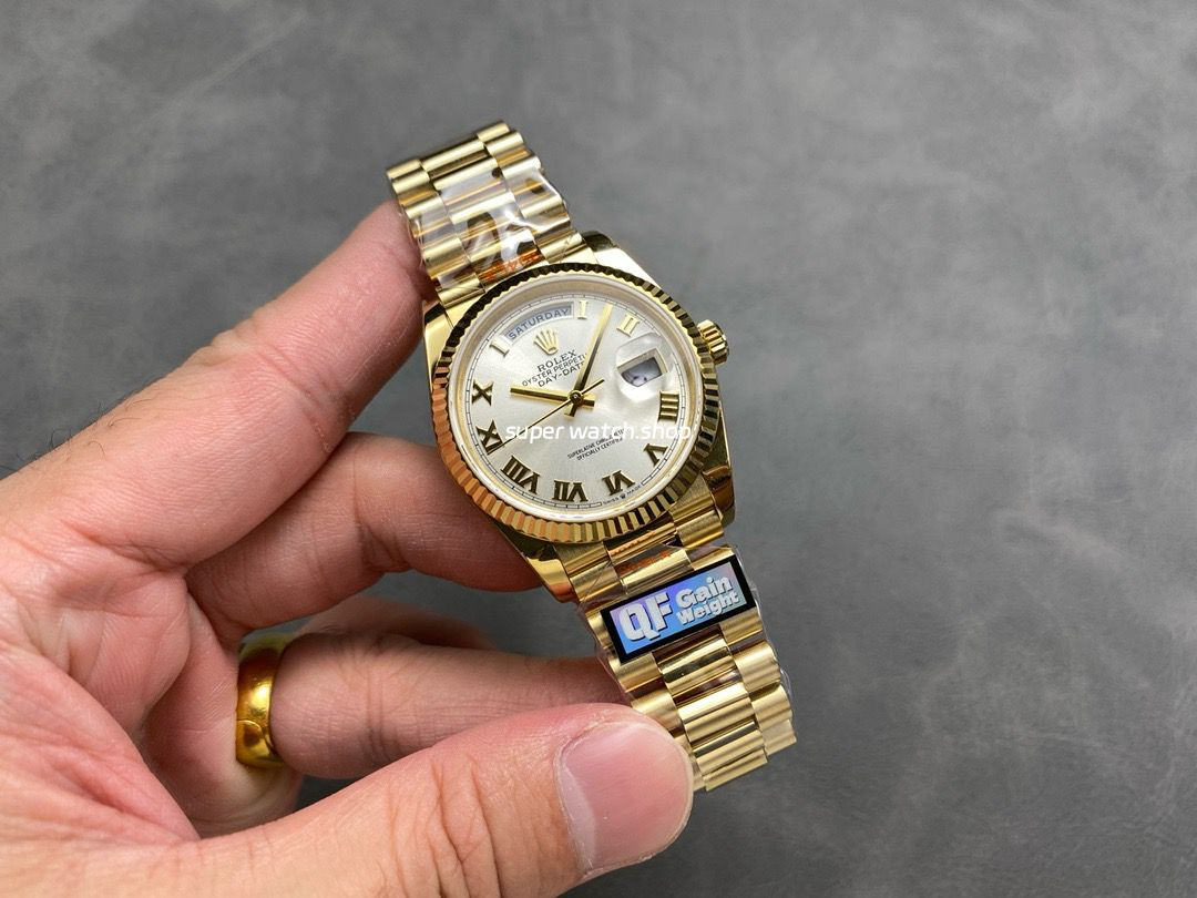 QF Factory Counterweight Rolex Day-Date 36 128238-0076 36mm Full Yellow Gold Roman Numerals Silver Dial - Image 4