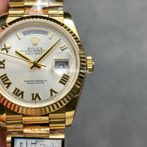 QF Factory Counterweight Rolex Day-Date 36 128238-0076 36mm Full Yellow Gold Roman Numerals Silver Dial