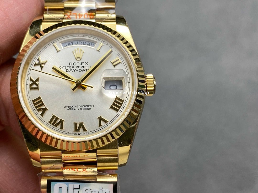 QF Factory Counterweight Rolex Day-Date 36 128238-0076 36mm Full Yellow Gold Roman Numerals Silver Dial