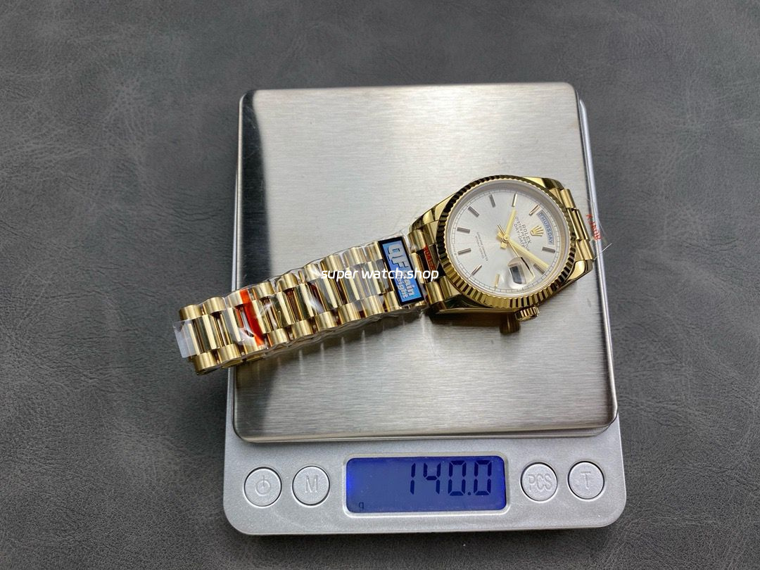 QF Factory Counterweight Rolex Day-Date 36 128238-0081 36mm Full Yellow Gold Silver Dial - Image 9