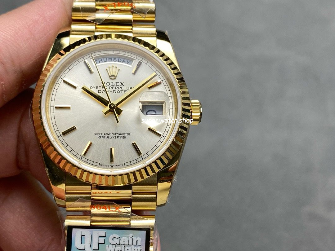 QF Factory Counterweight Rolex Day-Date 36 128238-0081 36mm Full Yellow Gold Silver Dial