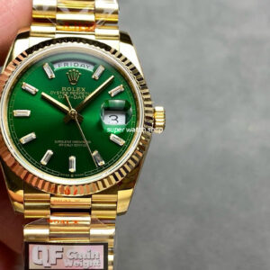 QF Factory Counterweight Rolex Day-Date 36 128238-0130 36mm Full Yellow Gold Baguette Diamond Green Dial