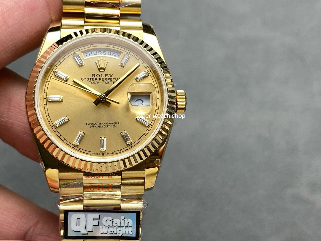 QF Factory Counterweight Rolex Day-Date 36 128238 36mm Full Yellow Gold Baguette Diamond Gold Dial