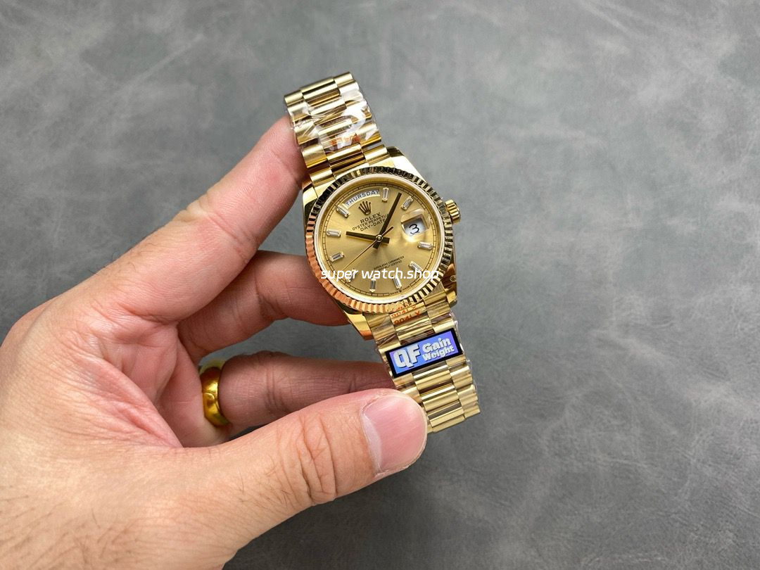 QF Factory Counterweight Rolex Day-Date 36 128238 36mm Full Yellow Gold Baguette Diamond Gold Dial - Image 4