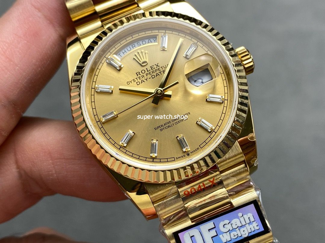 QF Factory Counterweight Rolex Day-Date 36 128238 36mm Full Yellow Gold Baguette Diamond Gold Dial - Image 2