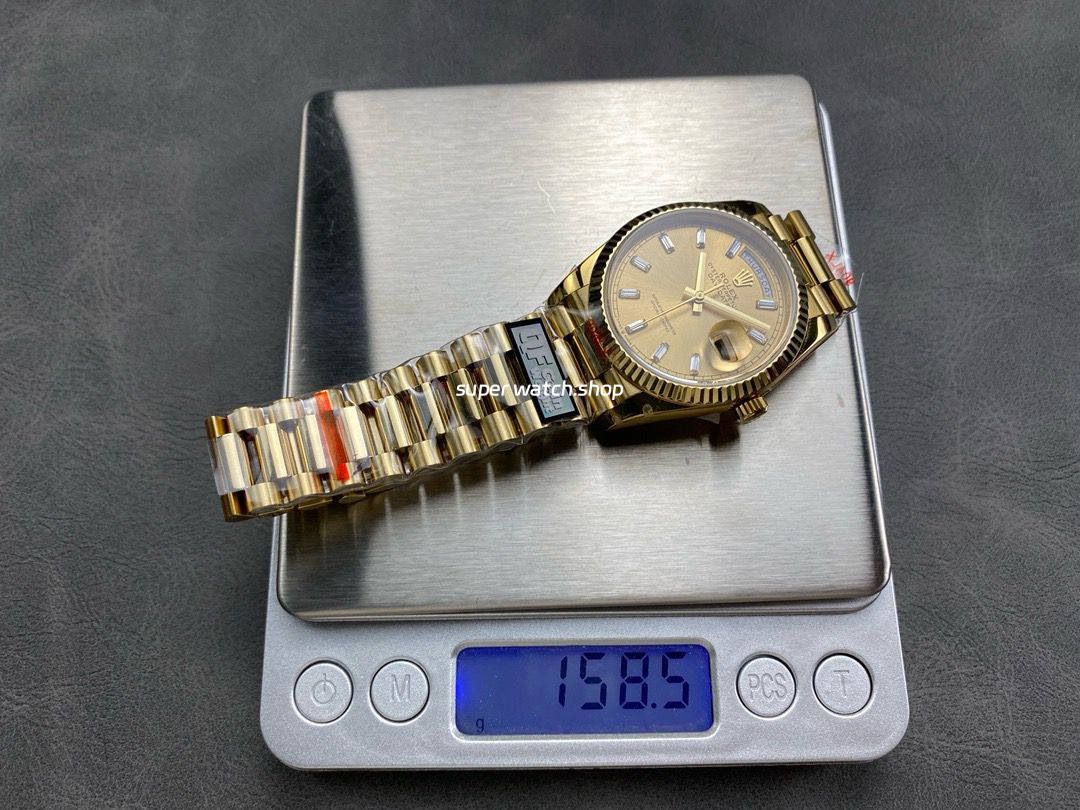 QF Factory Counterweight Rolex Day-Date 36 128238 36mm Full Yellow Gold Baguette Diamond Gold Dial - Image 10