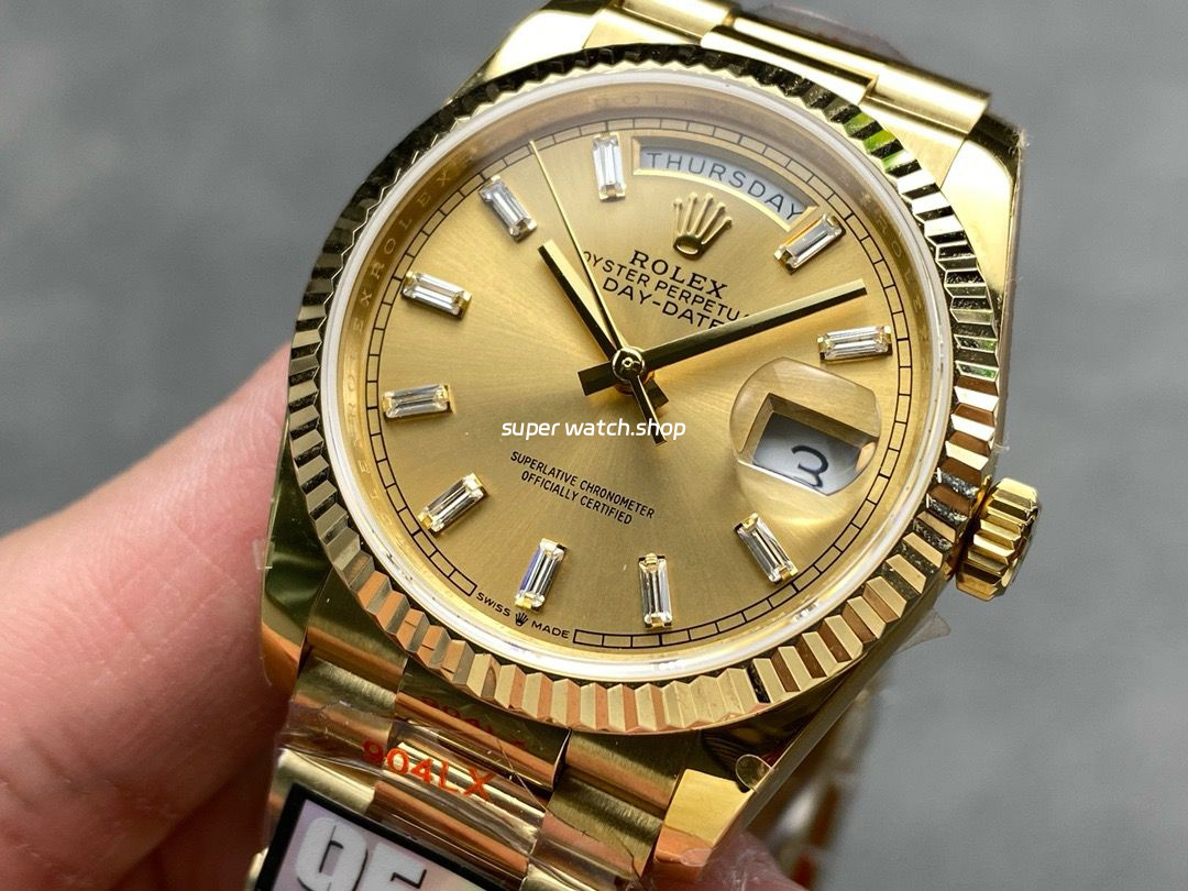 QF Factory Counterweight Rolex Day-Date 36 128238 36mm Full Yellow Gold Baguette Diamond Gold Dial - Image 3