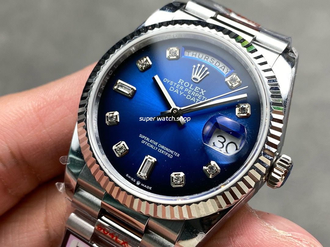 QF Factory Counterweight Rolex Day-Date 36 128239-0023 36mm Full 904L Diamond Mope Baguette Diamond Blue Dial - Image 3