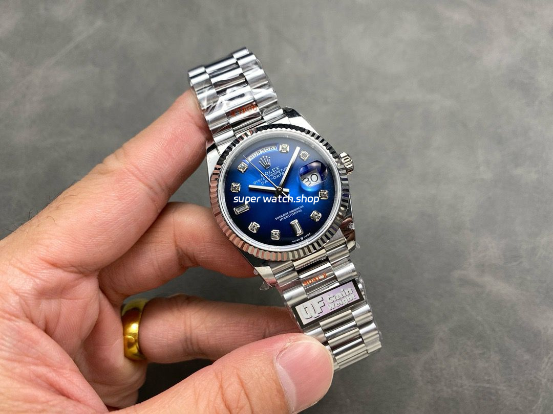 QF Factory Counterweight Rolex Day-Date 36 128239-0023 36mm Full 904L Diamond Mope Baguette Diamond Blue Dial - Image 4