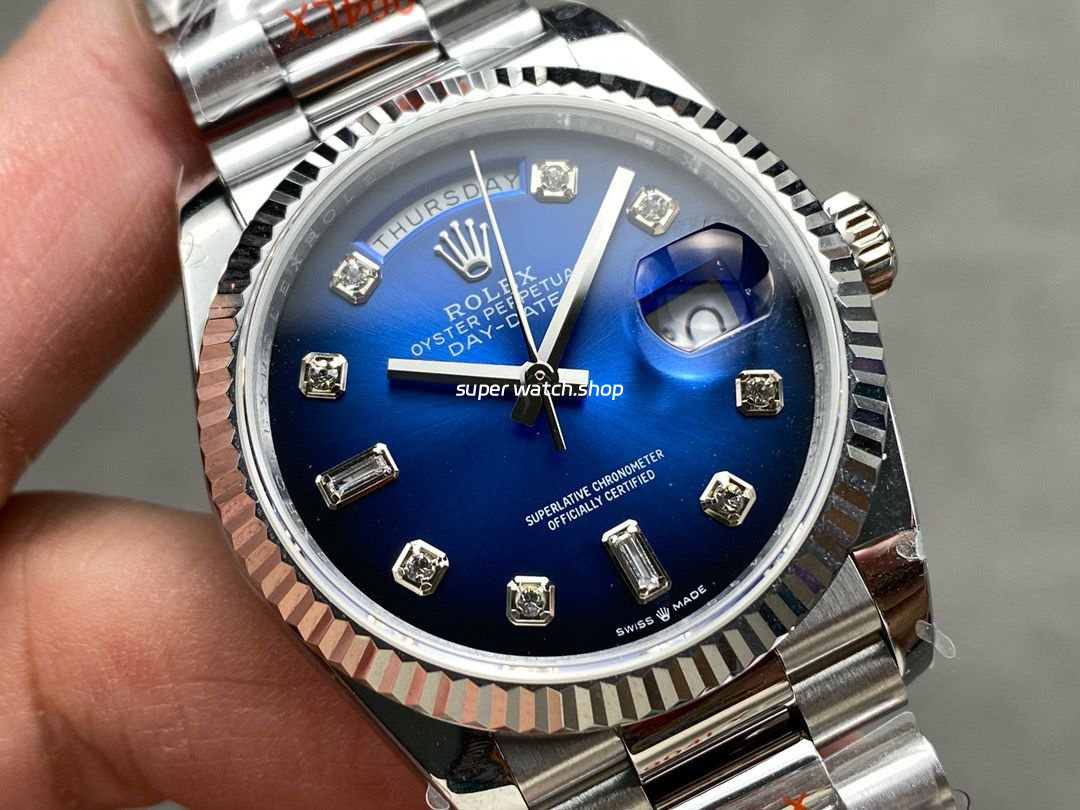 QF Factory Counterweight Rolex Day-Date 36 128239-0023 36mm Full 904L Diamond Mope Baguette Diamond Blue Dial - Image 2
