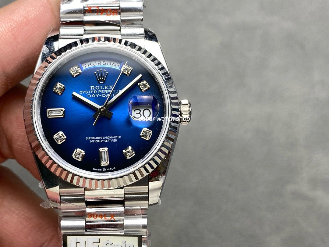 QF Factory Counterweight Rolex Day-Date 36 128239-0023 36mm Full 904L Diamond Mope Baguette Diamond Blue Dial