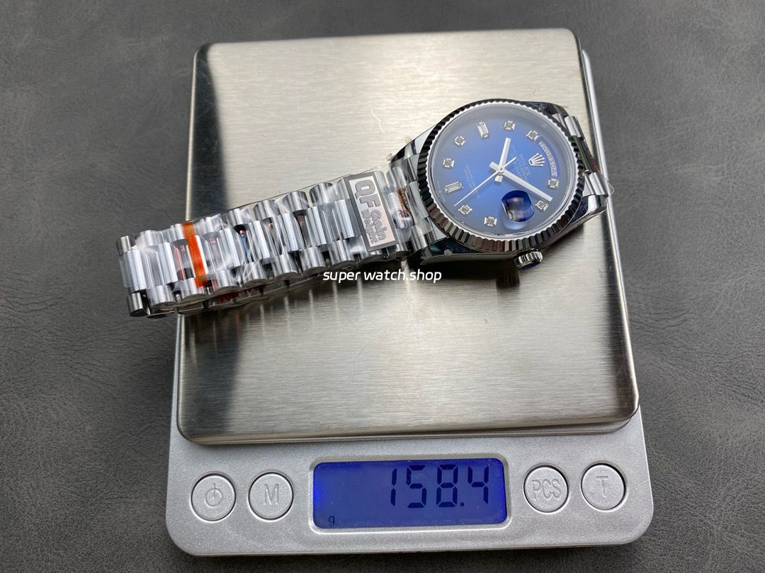 QF Factory Counterweight Rolex Day-Date 36 128239-0023 36mm Full 904L Diamond Mope Baguette Diamond Blue Dial - Image 9