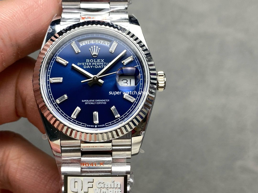 QF Factory Counterweight Rolex Day-Date 36 128239-0069 36mm Full 904L Baguette Diamond Blue Dial