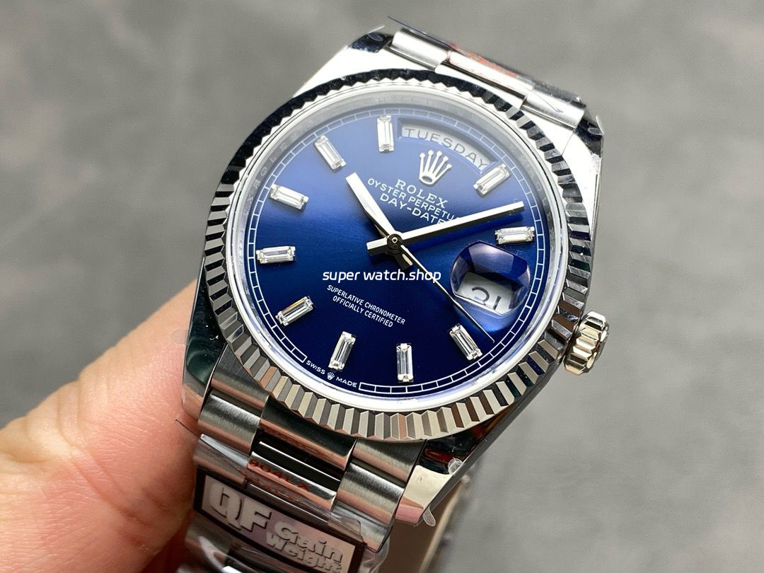 QF Factory Counterweight Rolex Day-Date 36 128239-0069 36mm Full 904L Baguette Diamond Blue Dial - Image 3