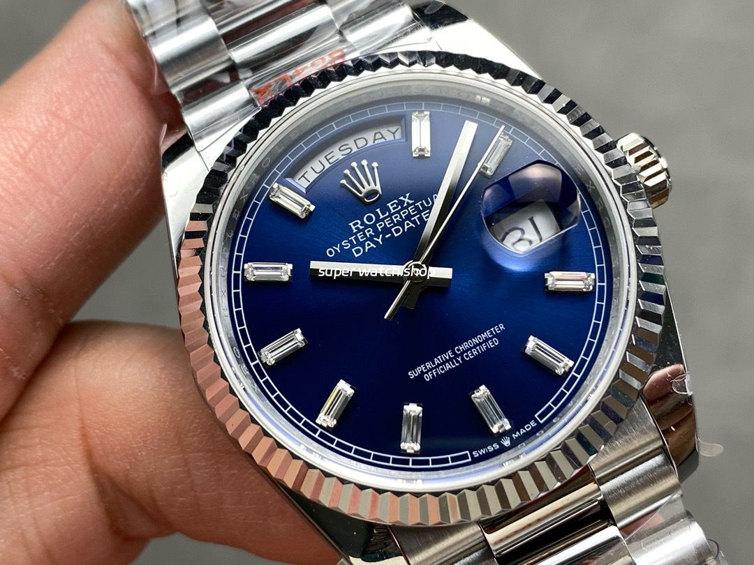 QF Factory Counterweight Rolex Day-Date 36 128239-0069 36mm Full 904L Baguette Diamond Blue Dial - Image 2