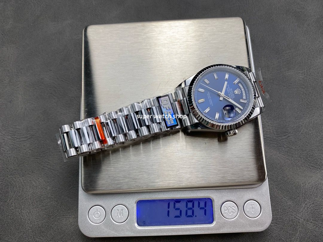 QF Factory Counterweight Rolex Day-Date 36 128239-0069 36mm Full 904L Baguette Diamond Blue Dial - Image 9