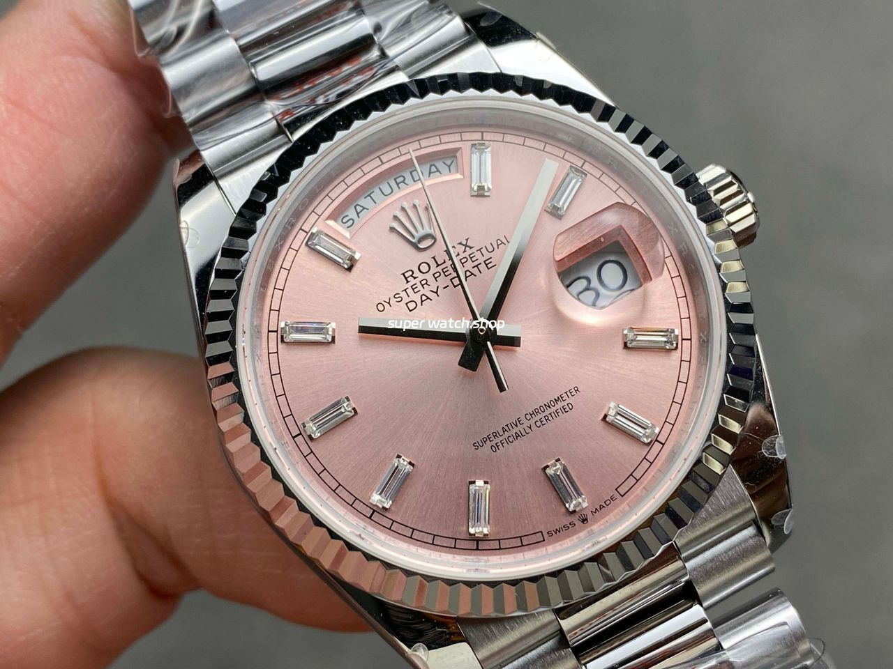 QF Factory Counterweight Rolex Day-Date 36 128239-0071 36mm Full 904L Baguette Diamond Pink Dial - Image 2