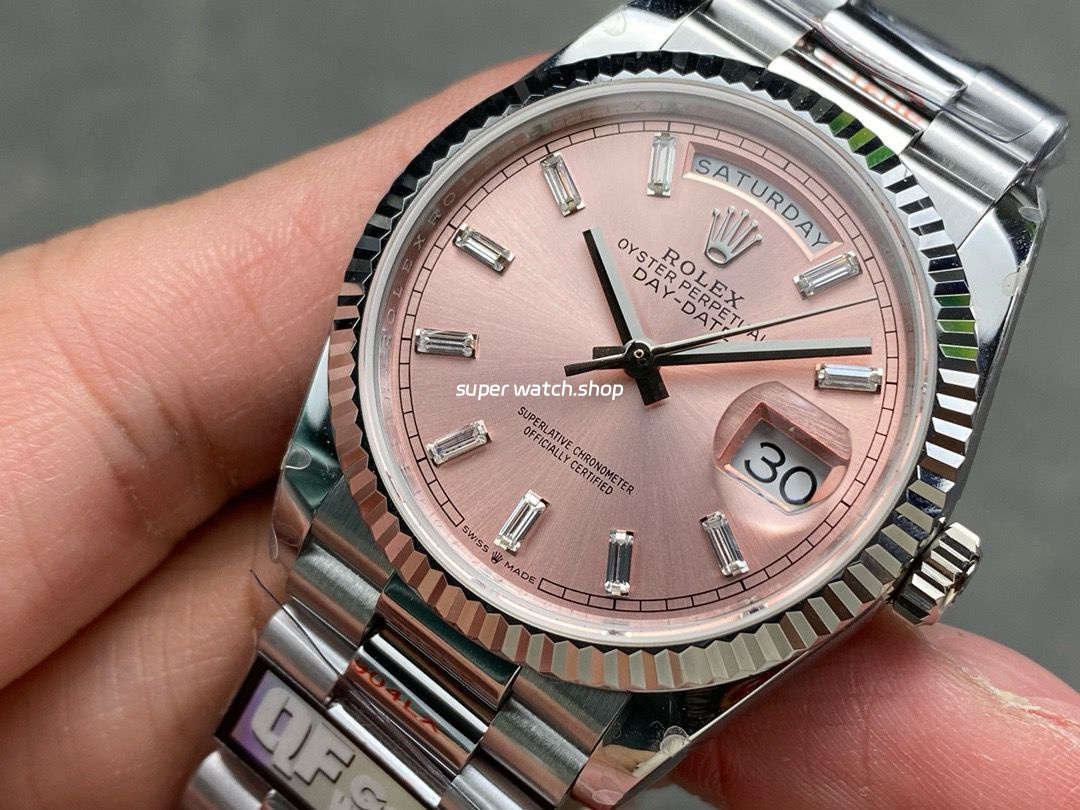 QF Factory Counterweight Rolex Day-Date 36 128239-0071 36mm Full 904L Baguette Diamond Pink Dial - Image 3