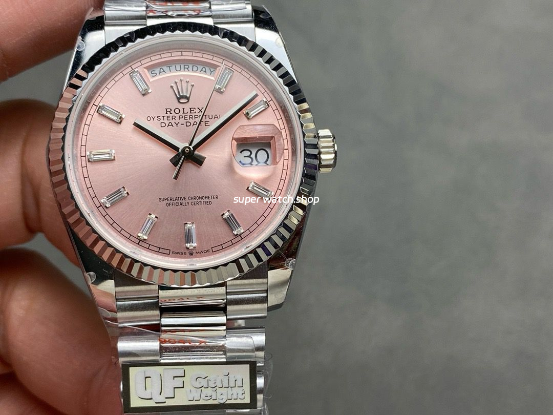 QF Factory Counterweight Rolex Day-Date 36 128239-0071 36mm Full 904L Baguette Diamond Pink Dial