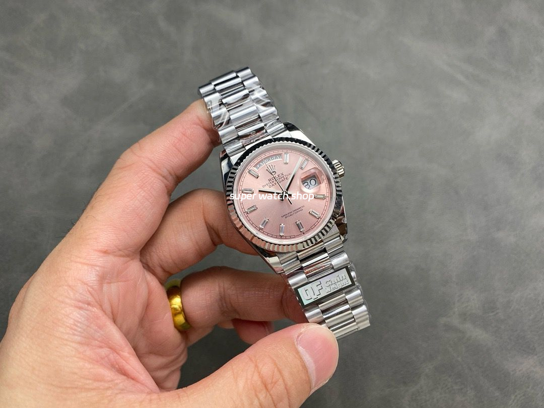 QF Factory Counterweight Rolex Day-Date 36 128239-0071 36mm Full 904L Baguette Diamond Pink Dial - Image 4
