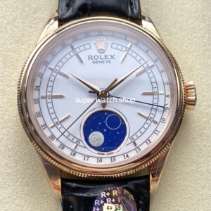 R+ Factory Counterweight Rolex Cellini Moonphase 50535-0002 39mm Rose Gold Black Leather Strap White Dial