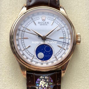 R+ Factory Counterweight Rolex Cellini Moonphase 50535-0002 39mm Rose Gold Brown Leather Strap White Dial