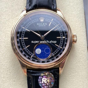 R+ Factory Counterweight Rolex Cellini Moonphase 50535 39mm Rose Gold Black Leather Strap Black Dial
