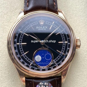 R+ Factory Counterweight Rolex Cellini Moonphase 50535 39mm Rose Gold Brown Leather Strap Black Dial