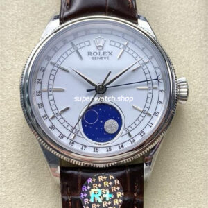R+ Factory Counterweight Rolex Cellini Moonphase 50535 39mm Steel Brown Leather Strap White Dial