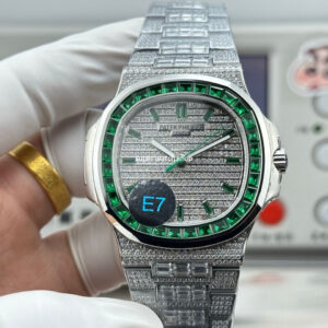E7 Factory Patek Philippe Emerald Nautilus 5711113P-001 40mm Full Diamond Bezel Platinum Gray Dial