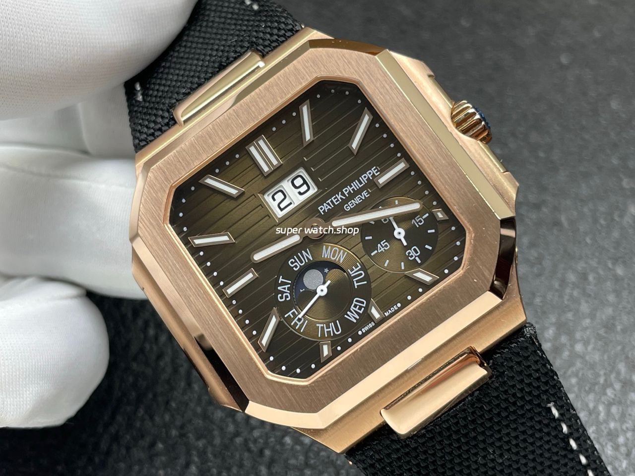 P1 Factory Patek Philippe Cubitus 5822 45mm Rose Gold Textile Strap Brown Dial - Image 3