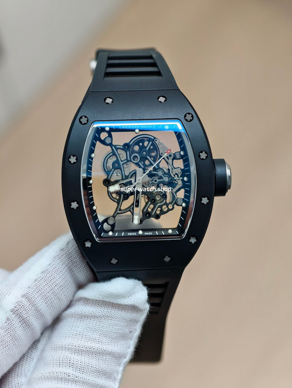 APS Factory Richard Mille RM 055 42.7mm Black Ceramic Black Rubber Strap Skeletonized Black Dial