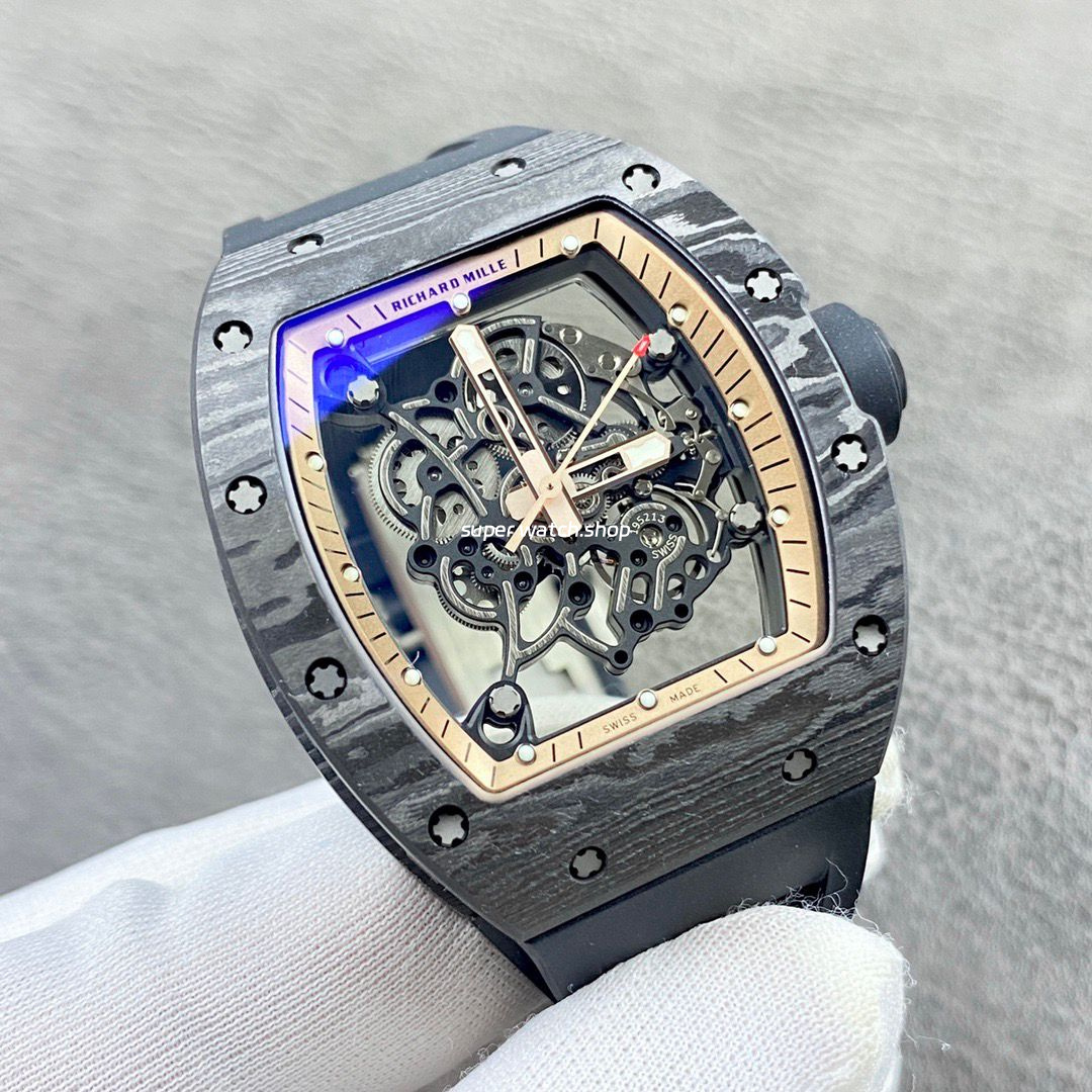APS Factory Richard Mille RM 055 42.7mm Carbon Fiber Black Rubber Strap Skeletonized Rose Gold Dial - Image 2