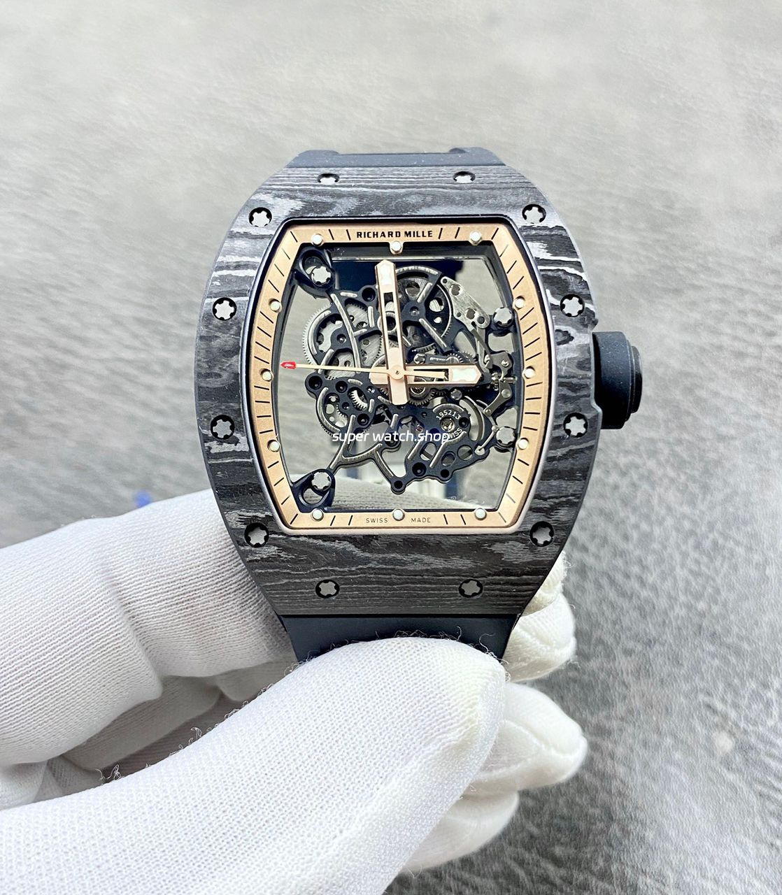 APS Factory Richard Mille RM 055 42.7mm Carbon Fiber Black Rubber Strap Skeletonized Rose Gold Dial