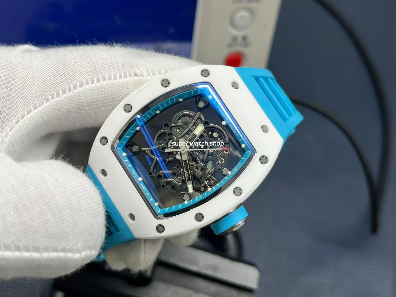 APS Factory Richard Mille RM 055 42.7mm White Ceramic Light Blue Rubber Strap Skeletonized Black Dial - Image 3