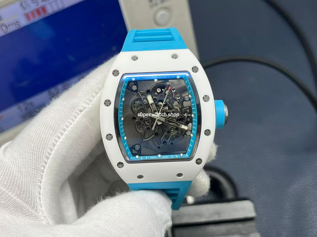 APS Factory Richard Mille RM 055 42.7mm White Ceramic Light Blue Rubber Strap Skeletonized Black Dial