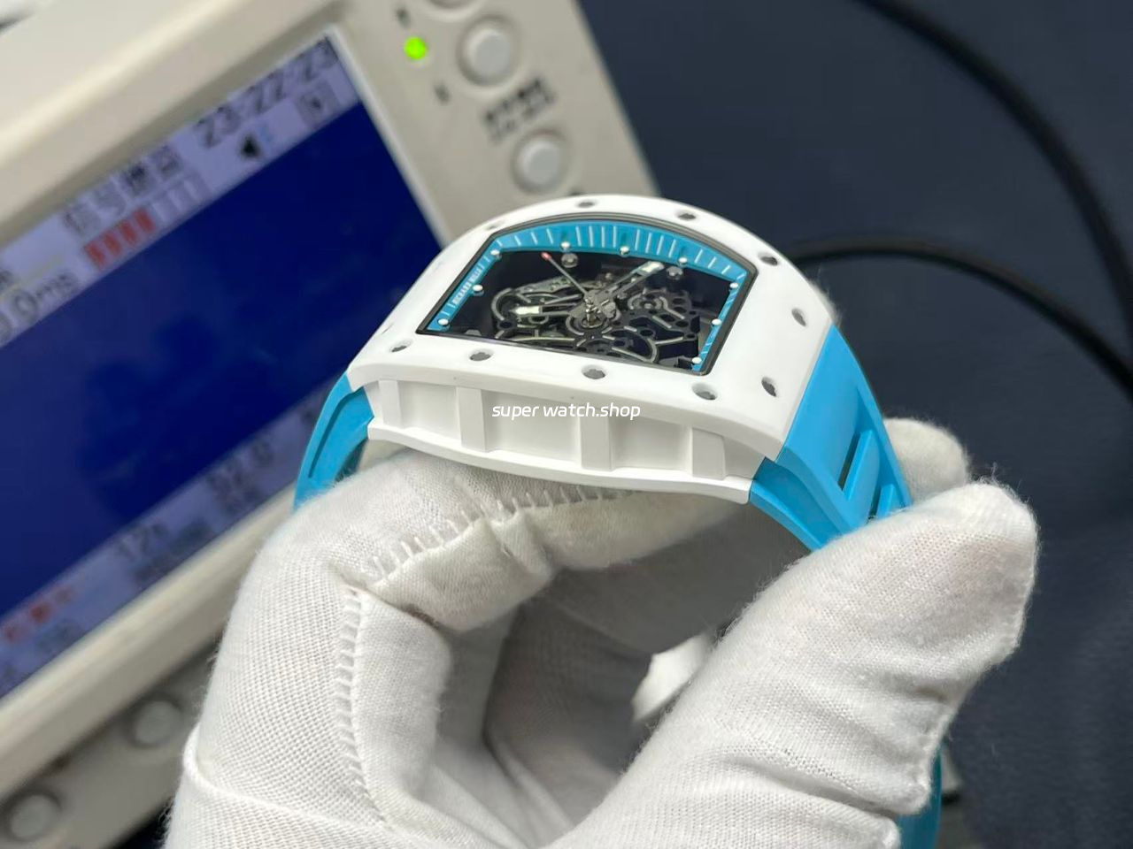 APS Factory Richard Mille RM 055 42.7mm White Ceramic Light Blue Rubber Strap Skeletonized Black Dial - Image 5