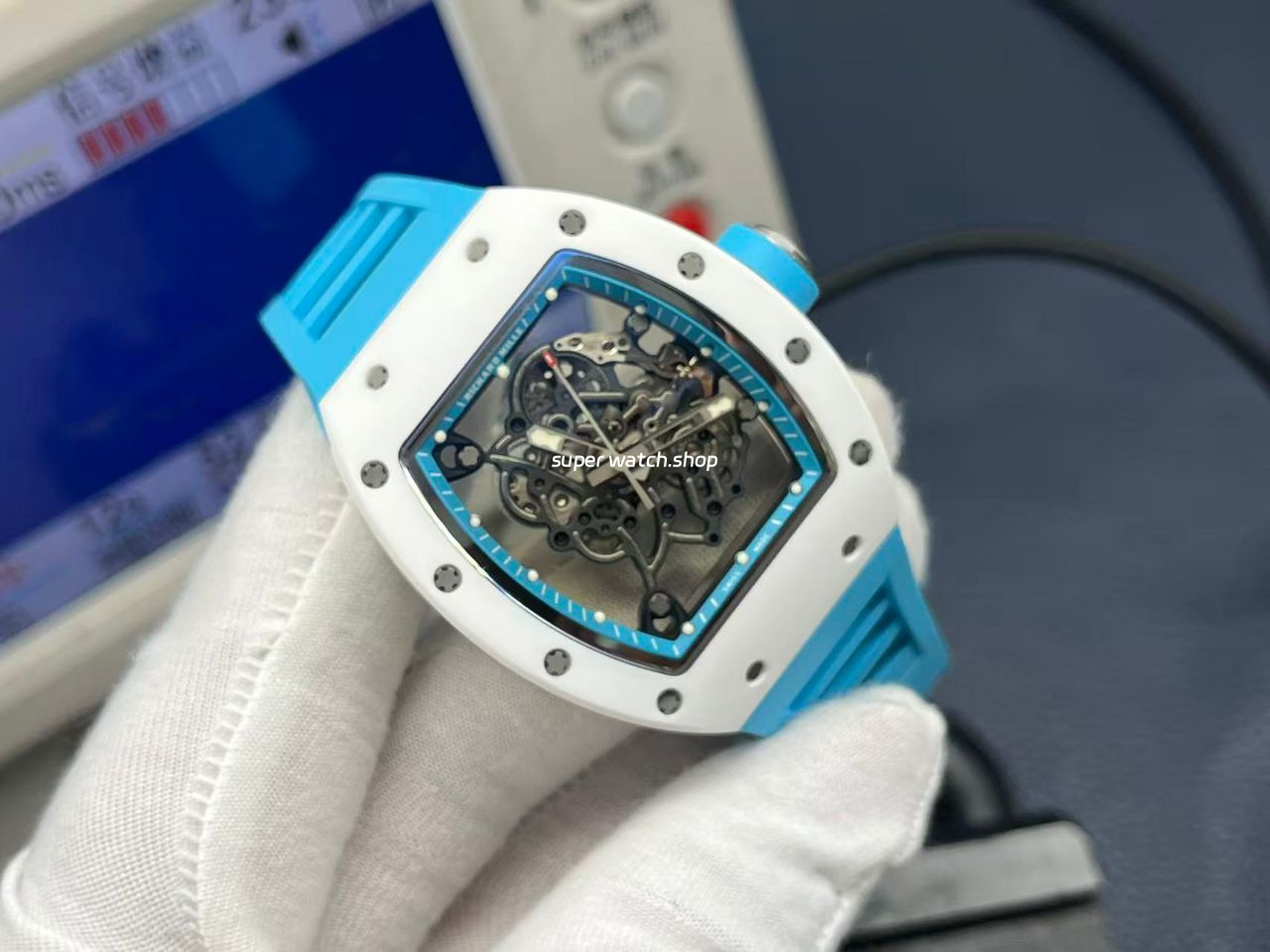 APS Factory Richard Mille RM 055 42.7mm White Ceramic Light Blue Rubber Strap Skeletonized Black Dial - Image 2