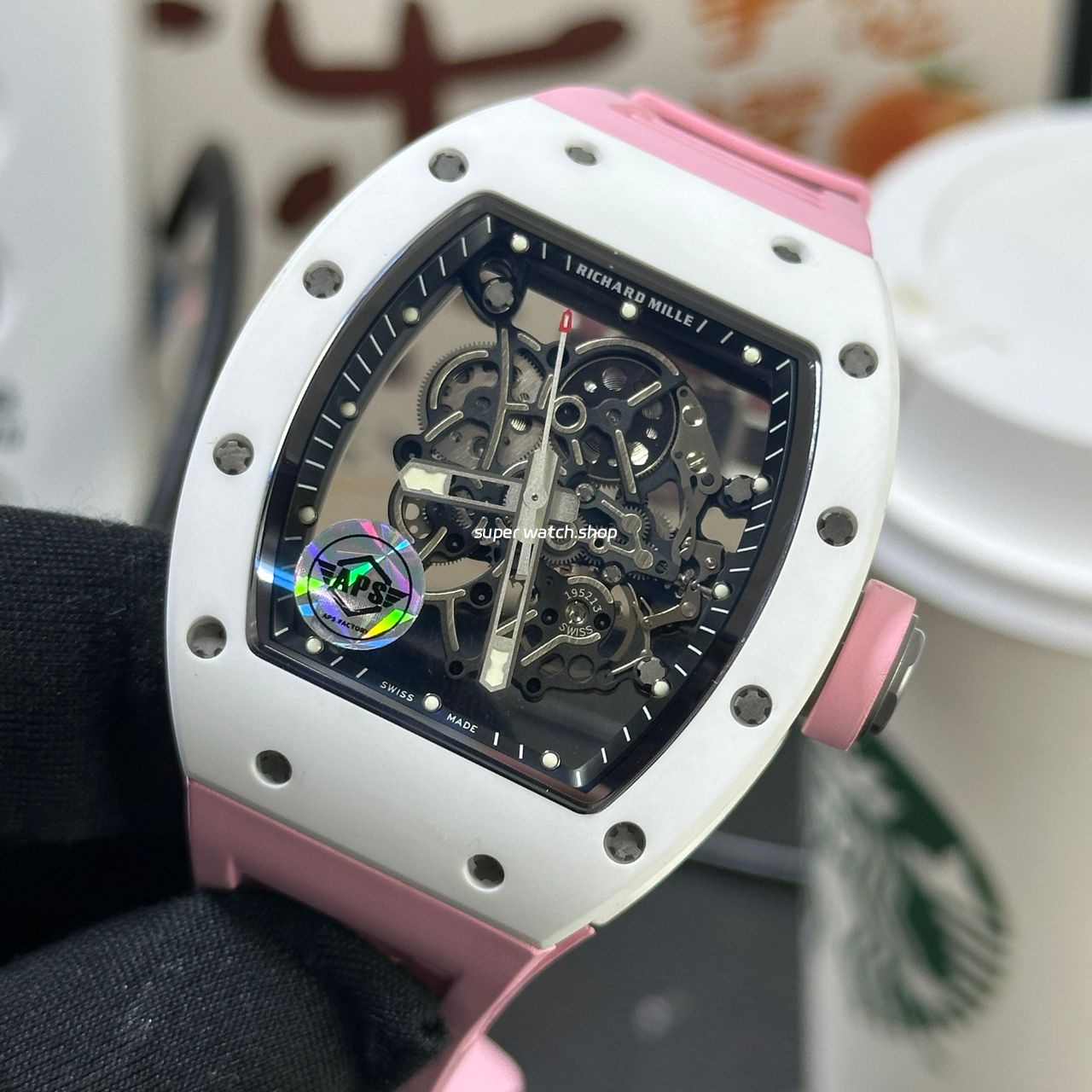APS Factory Richard Mille RM 055 42.7mm White Ceramic Pink Rubber Strap Skeletonized Black Dial - Image 3