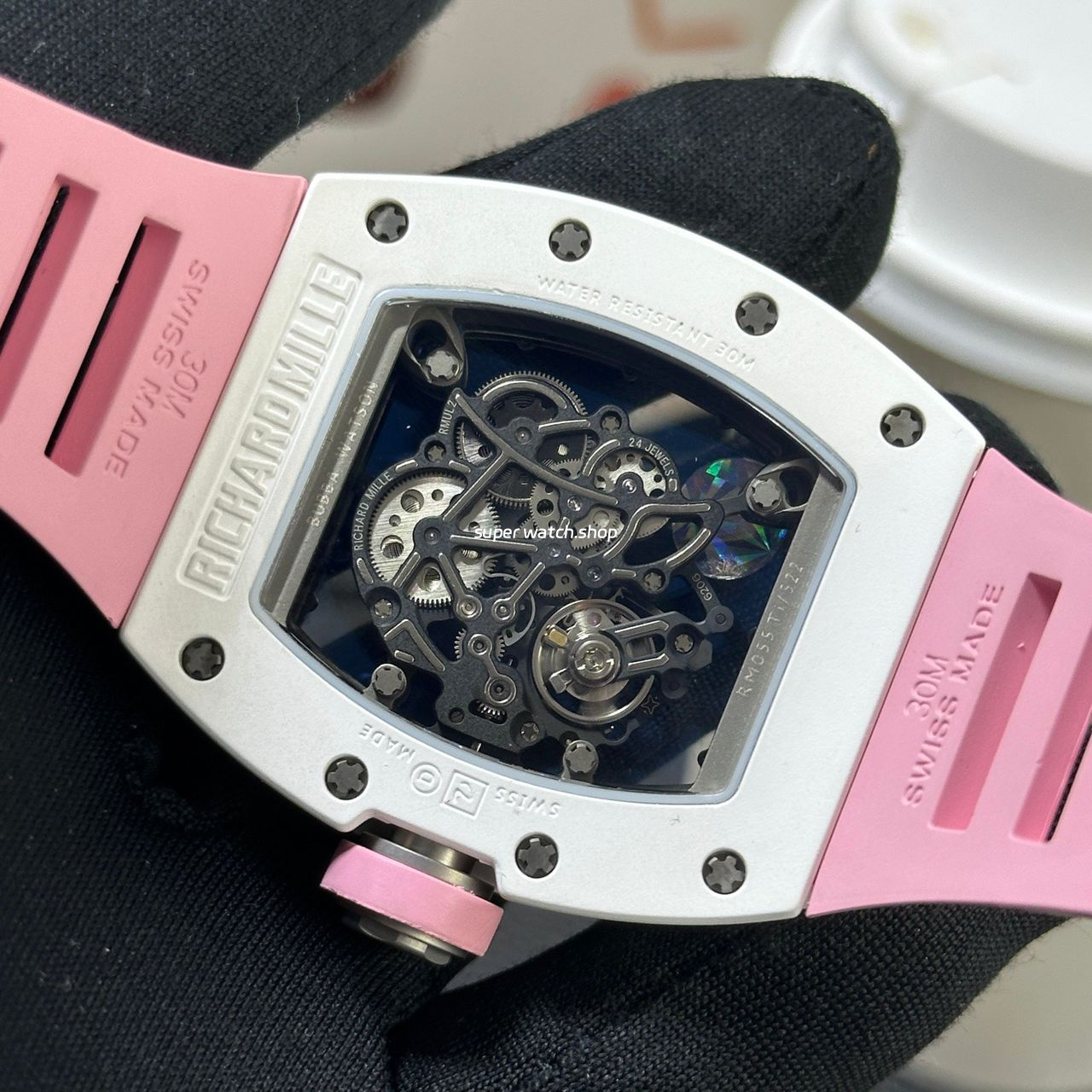 APS Factory Richard Mille RM 055 42.7mm White Ceramic Pink Rubber Strap Skeletonized Black Dial - Image 6
