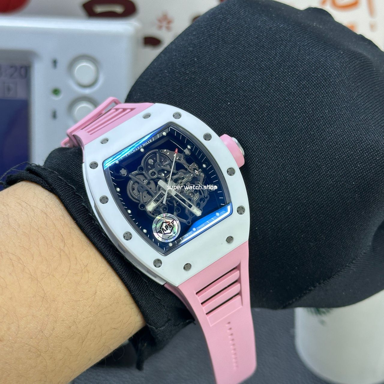 APS Factory Richard Mille RM 055 42.7mm White Ceramic Pink Rubber Strap Skeletonized Black Dial - Image 4