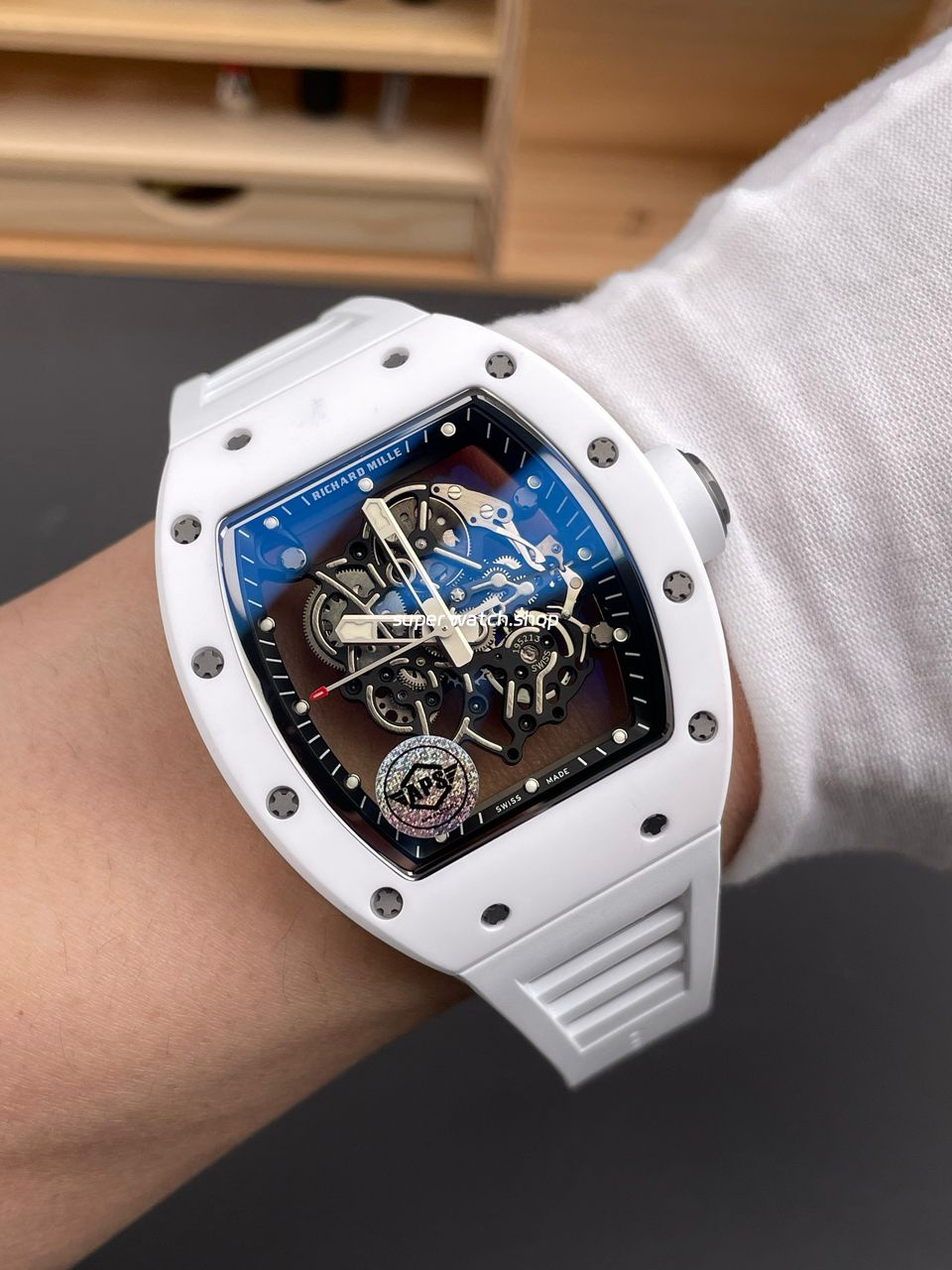 APS Factory Richard Mille RM 055 42.7mm White Ceramic White Rubber Strap Skeletonized Black Dial - Image 3