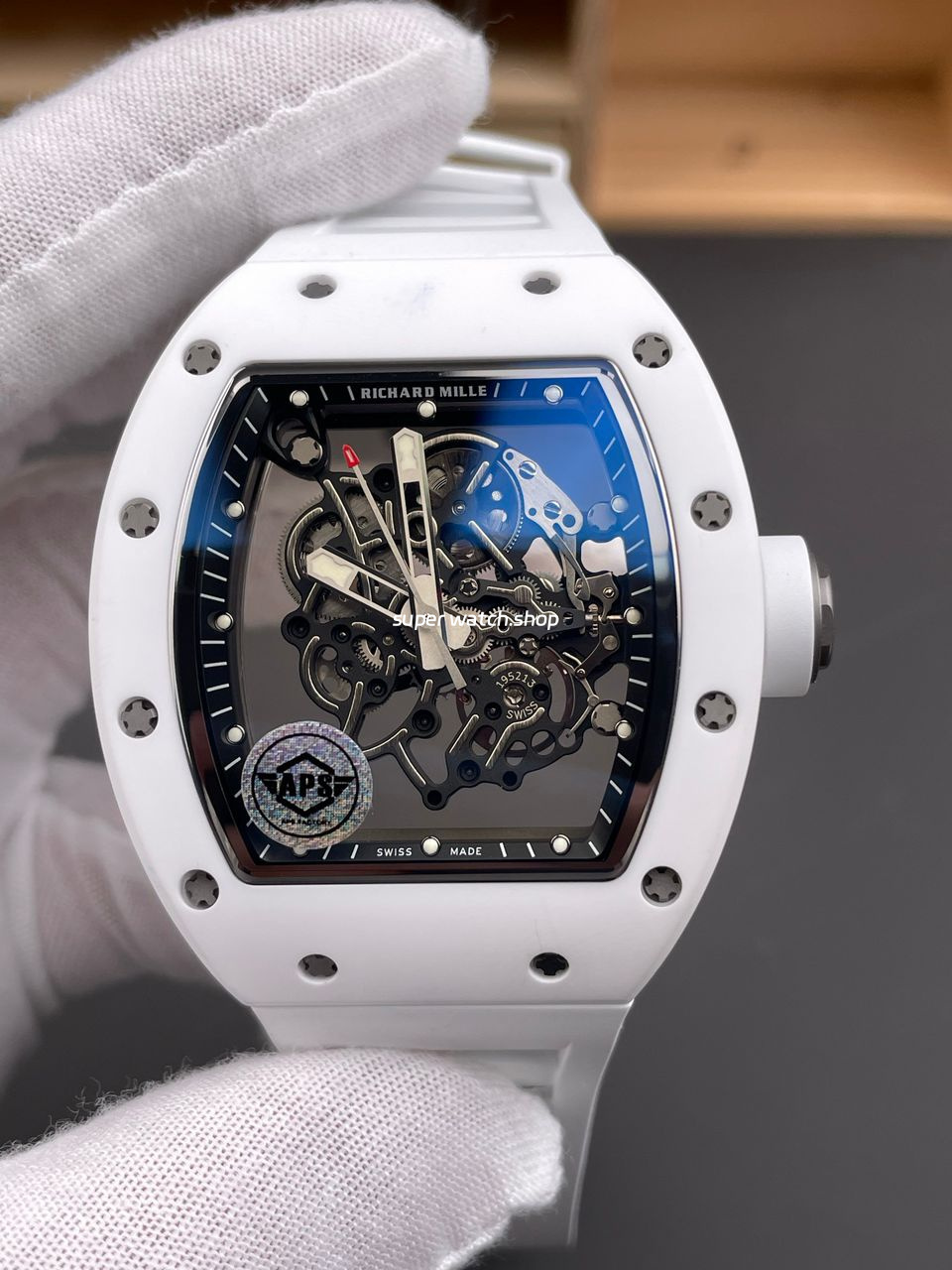APS Factory Richard Mille RM 055 42.7mm White Ceramic White Rubber Strap Skeletonized Black Dial