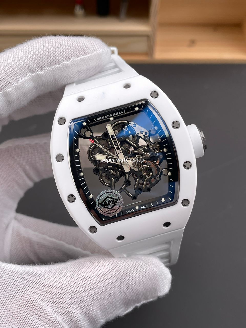 APS Factory Richard Mille RM 055 42.7mm White Ceramic White Rubber Strap Skeletonized Black Dial - Image 4
