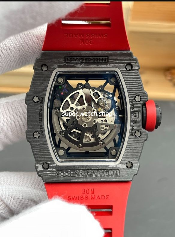 APS Factory Richard Mille RM 35-02 44.5mm Black Carbon Fiber Red Rubber Strap Black Skeletonized Dial - Image 7